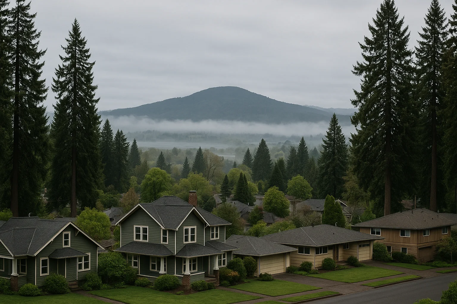 Marys Peak rising over Corvallis, Oregon homes and the Willamette Valley