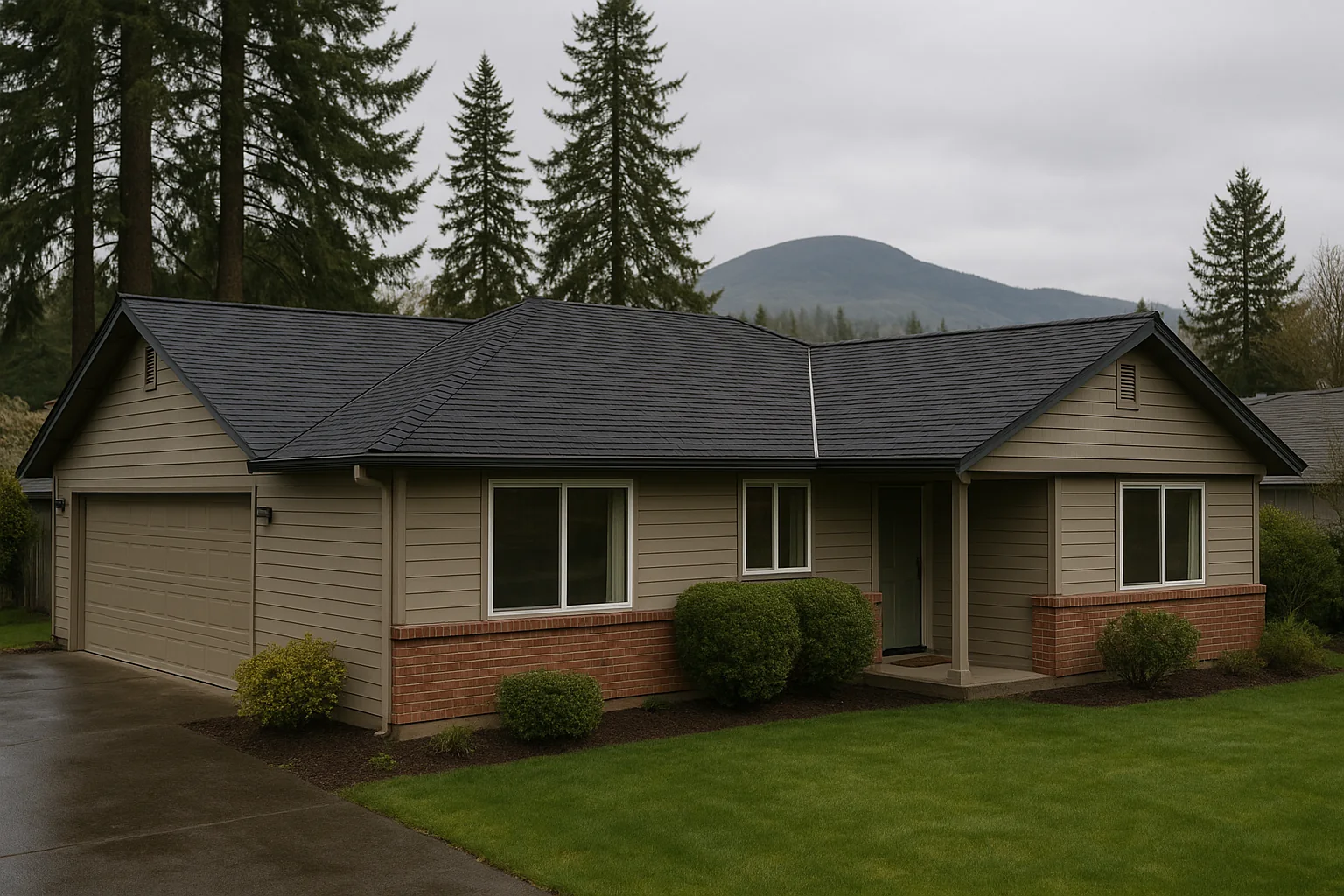New composition roof on a Corvallis home with Marys Peak and firs behind